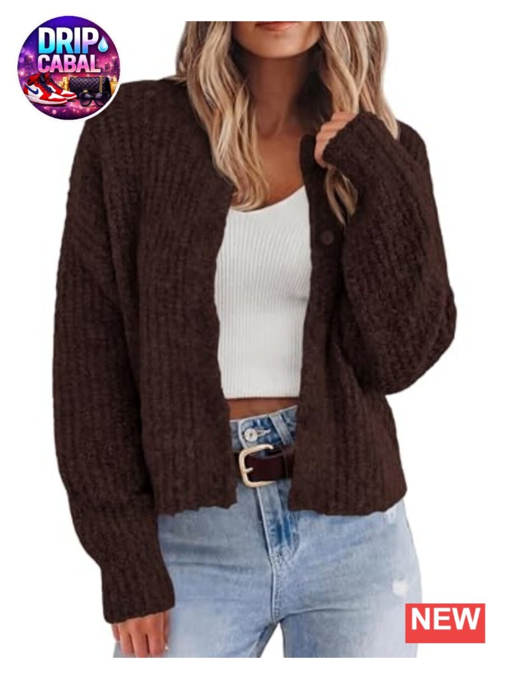 Chunky Knit Crop Cardigan Long Sleeve Button Down Relaxed Fit
